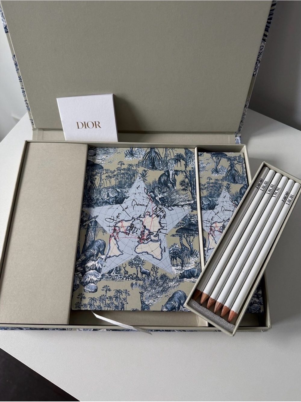 Dior Toile de Jouy Notebook & Pencil Gift Set - Blue and Beige